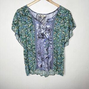 Unity World Wear Blue‎ Green Floral Paisley Blouse Top Rayon Women's Large
